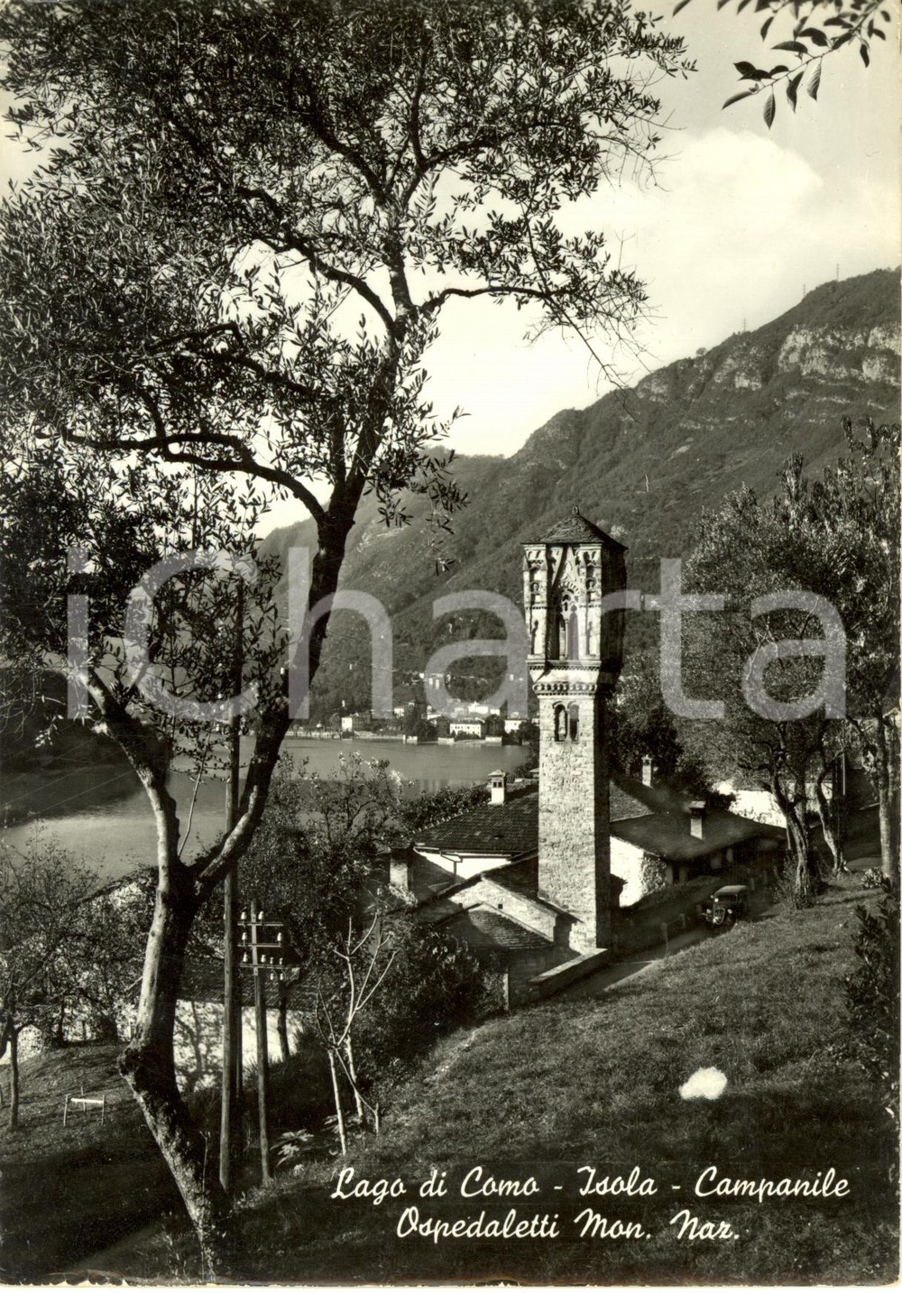 Cartolina originale da collezione 1960 ca ISOLA COMACINA CO Campanile degli OSPEDALETTI con lago Cartolina FG NV 1