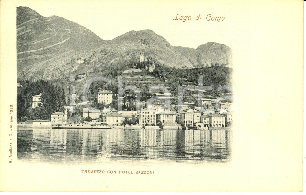 Cartolina originale da collezione 1900 ca TREMEZZO CO Veduta dal lago con hotel BAZZONI  Cartolina FP NV 1