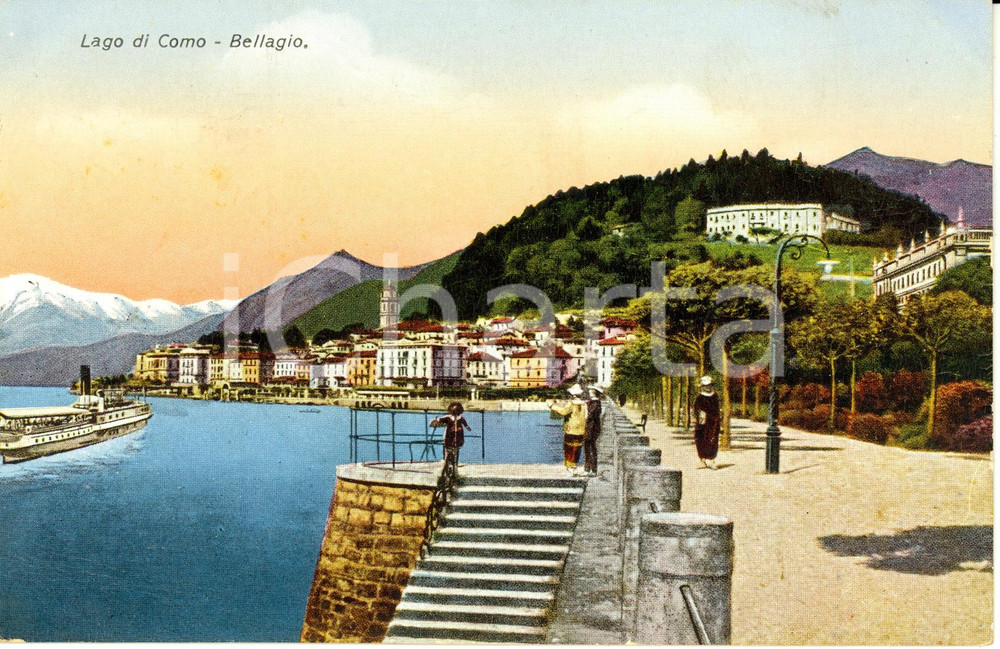 Cartolina originale da collezione 1920 ca BELLAGIO (CO) Il viale lungolago e il paese * Cartolina ANIMATA FP NV 1