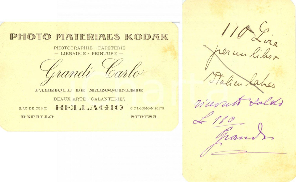 Materiale pubblicitario d’epoca 1920 ca BELLAGIO (CO) Carlo GRANDI Photo KODAK e maroquinerie *Pubblicitario 1