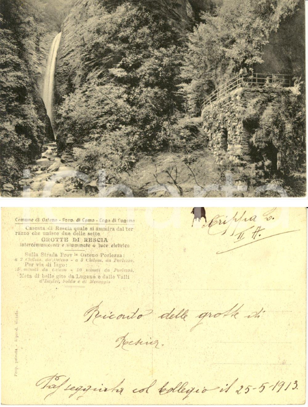 Cartolina originale da collezione 1913 OSTENO CO LAGO DI LUGANO Cascata e grotte di RESCIA Cartolina FP NV 1