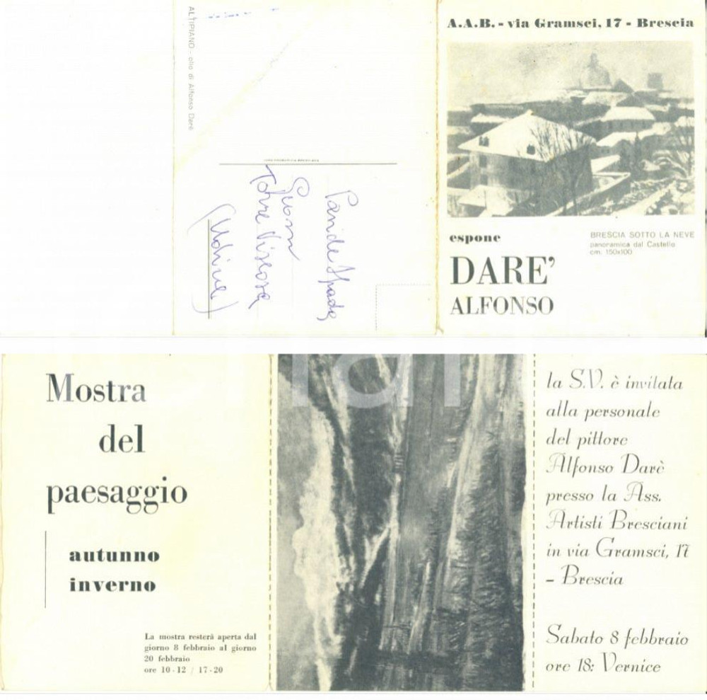 Materiale pubblicitario d’epoca 1970 ca BRESCIA Pittore Alfonso DARE' Mostra del paesaggio *Invito 1