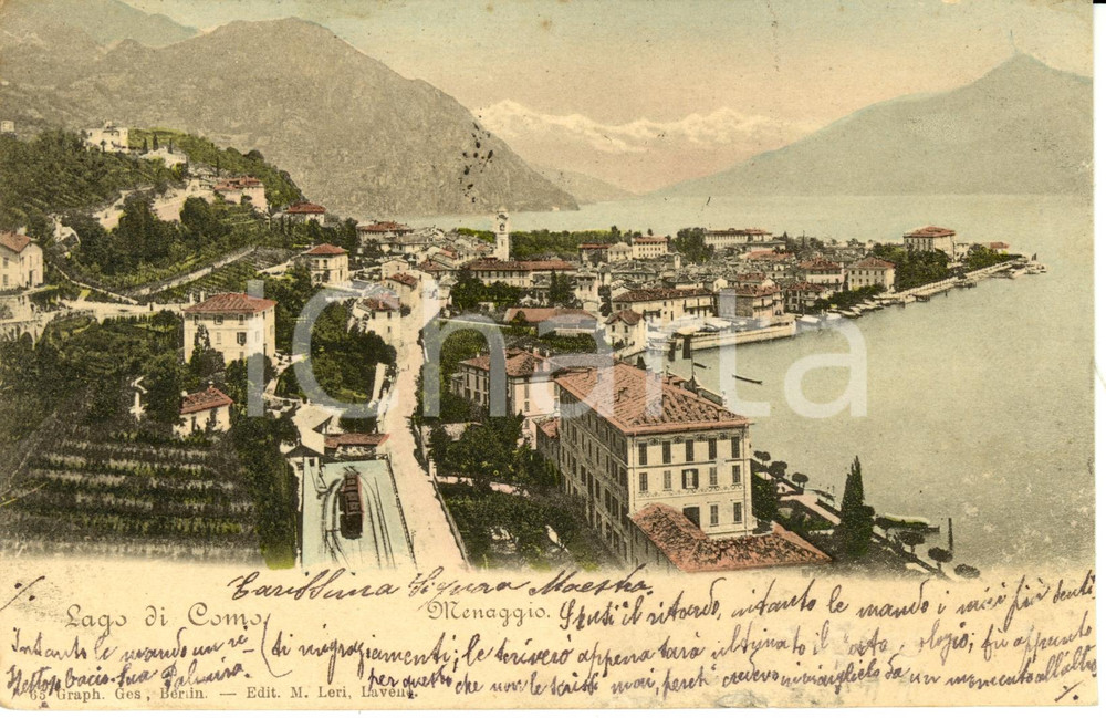 Cartolina originale da collezione 1902 MENAGGIO (CO) Il paese e il lago visti dall'alto *Cartolina FP VG 1