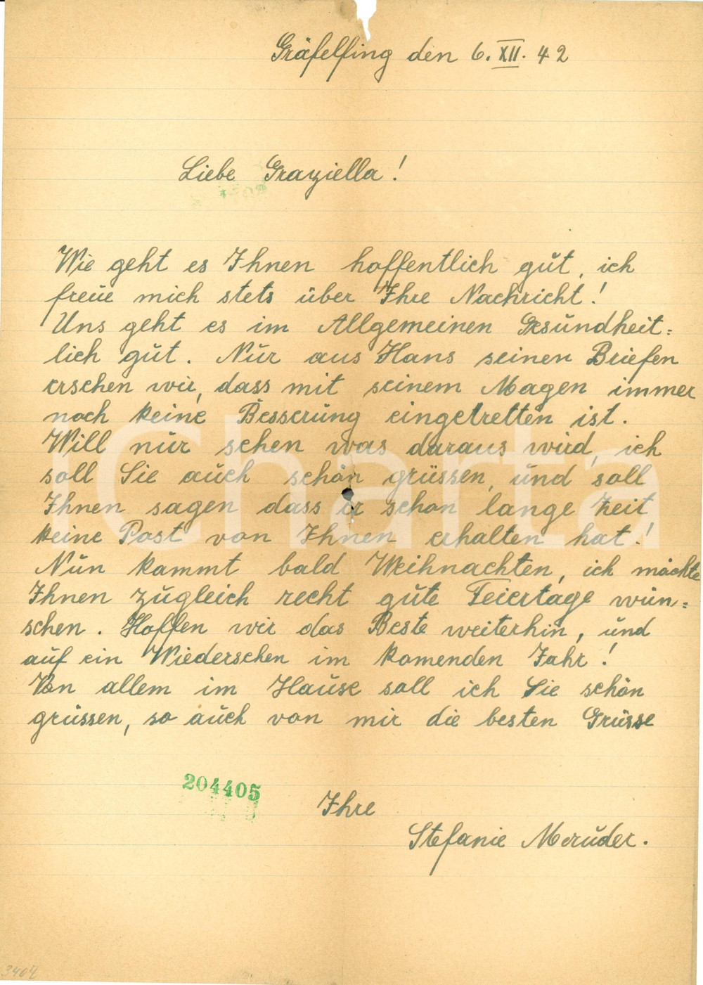 Documento originale, autentico 1942 GRAFELFING DE Auguri di buon NATALE a Graziella CARNAZZI Lettera 1