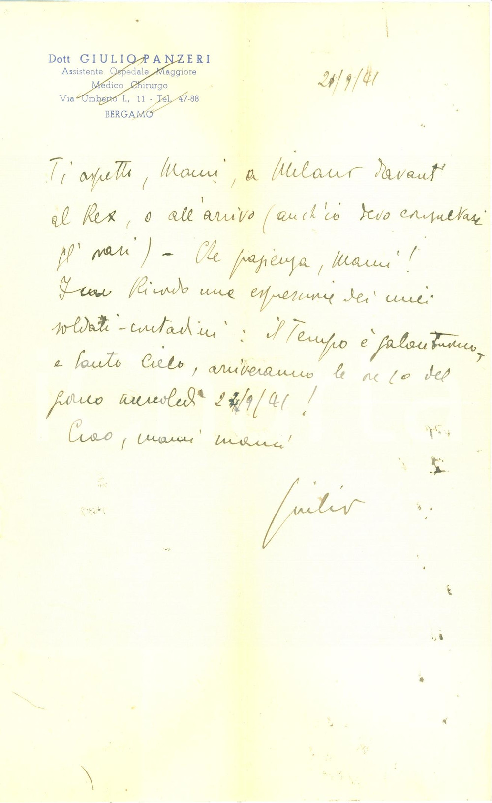 Documento originale, autentico 1941 BERGAMO Ti aspetto a MILANO davanti al cinema REX Lettera Giulio PANZERI 1