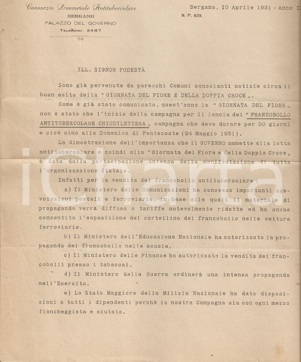Documento originale, autentico 1931 BERGAMO Consorzio Antitubercolare lancia francobollo Giornata DOPPIA CROCE 1