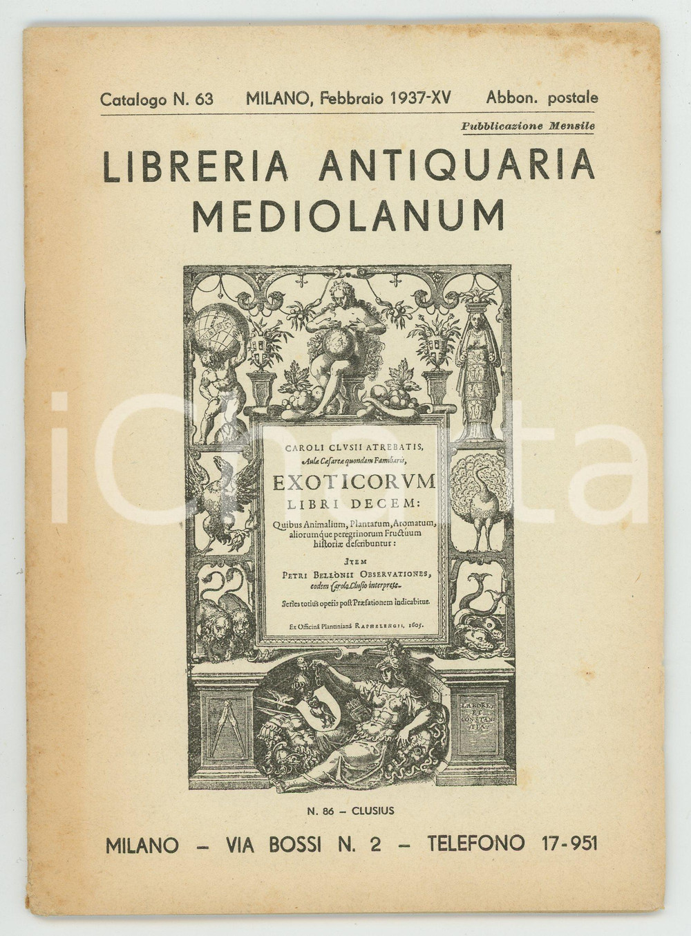 Libro, pubblicazione d epoca 1937 MILANO Libreria antiquaria MEDIOLANUM Catalogo 483 schede volumi 1