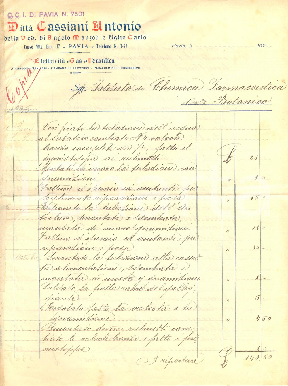 Documento originale, autentico 1927 PAVIA Ditta Antonio CASSIANI elettricitÃ  gas idraulica *Fattura 1