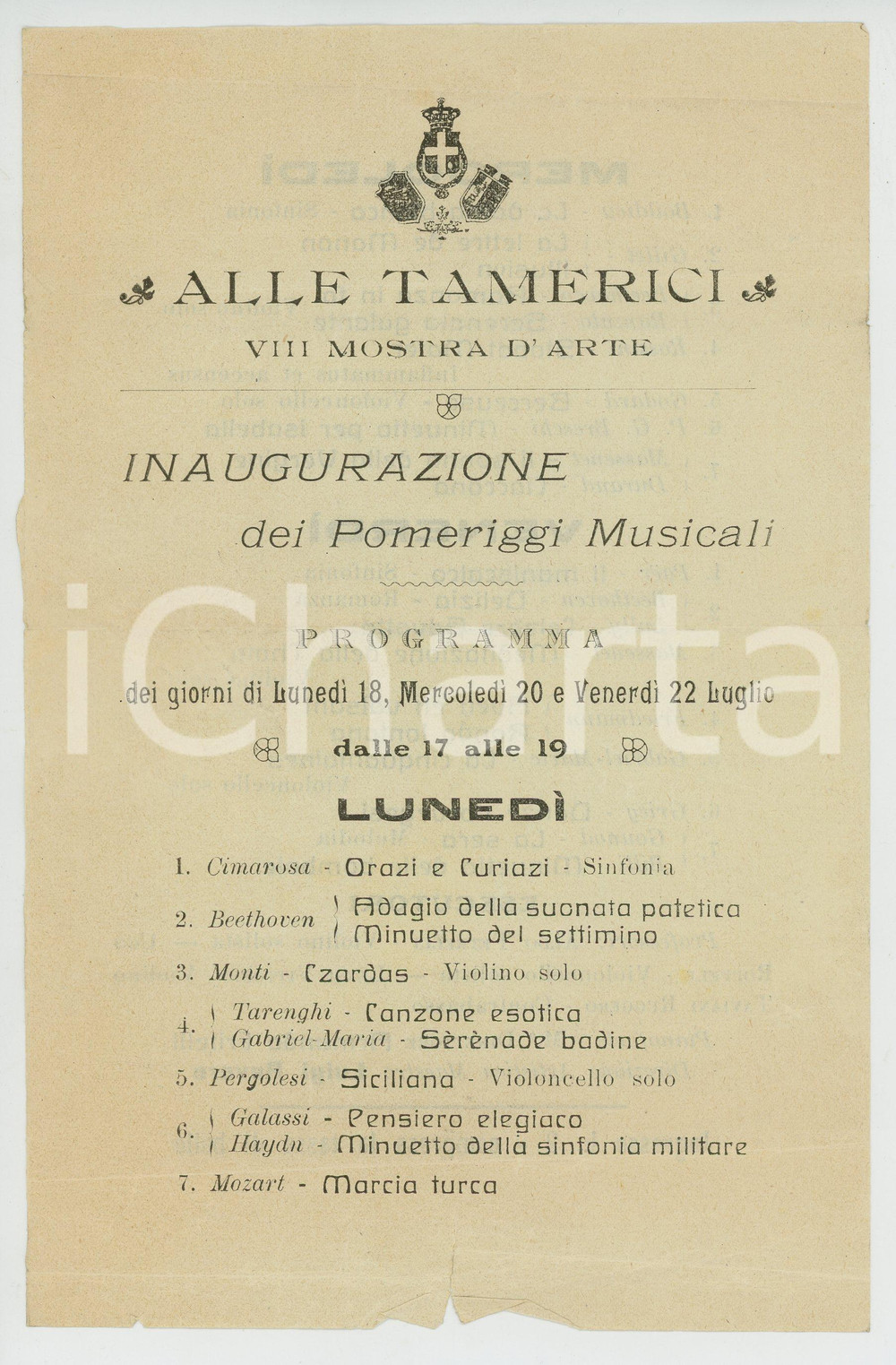 Materiale pubblicitario d’epoca 1930 ca MONTECATINI TERME (PT) Mostra d'arte ALLE TAMERICI Pomeriggi musicali 1