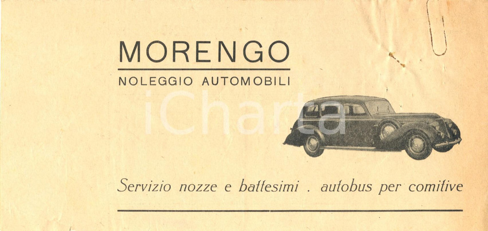 Materiale pubblicitario d’epoca 1947 BIELLA Ferruccio e Livio MORENGO noleggio automobili ILLUSTRATO 1
