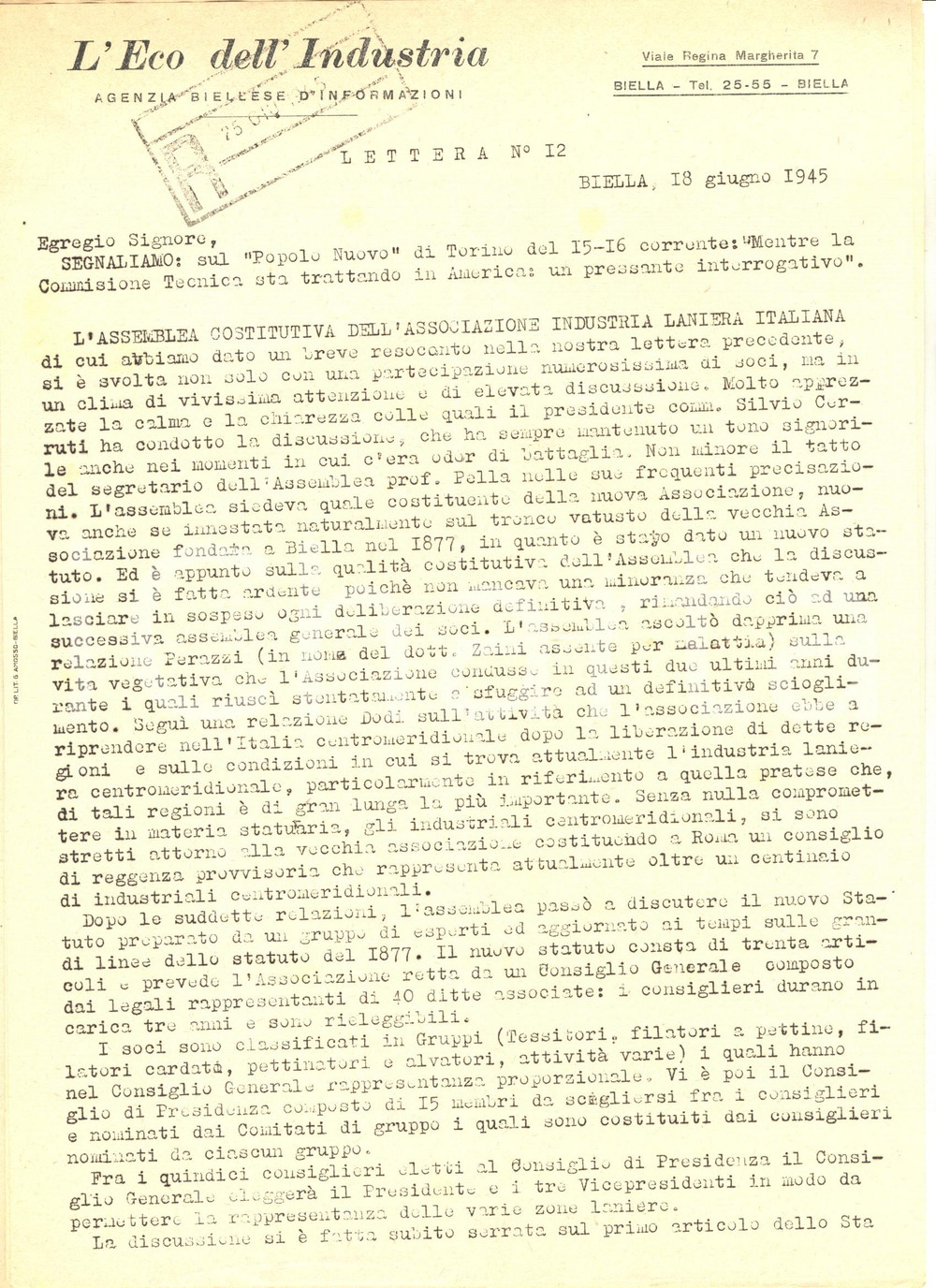 Documento originale, autentico 1945 BIELLA Eco dell Industria Nuova ASSOCIAZIONE INDUSTRIA LANIERA ITALIANA 1