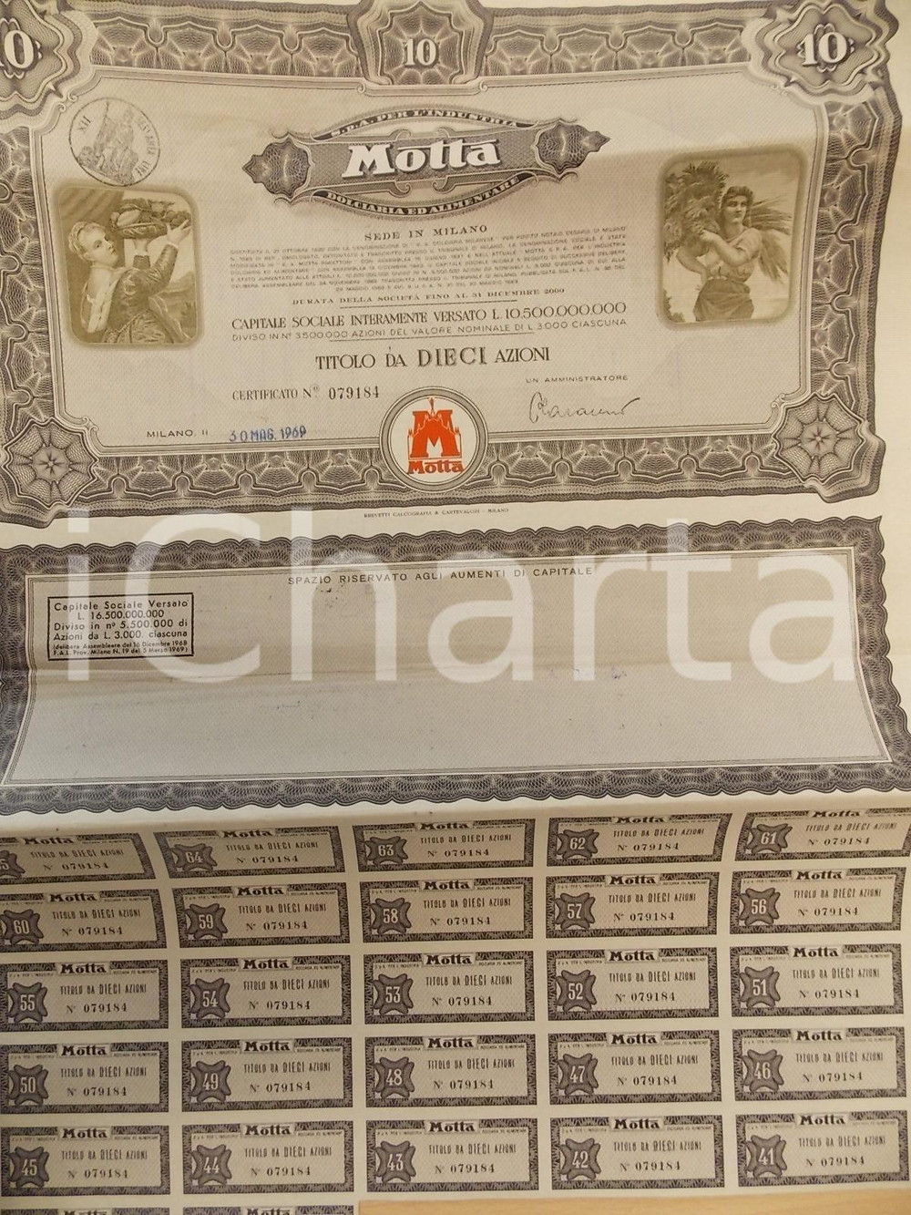 Oggetto da collezione cartaceo 1969 MILANO MOTTA dolciaria ed alimentare Titolo da10 azioni con cedole 1