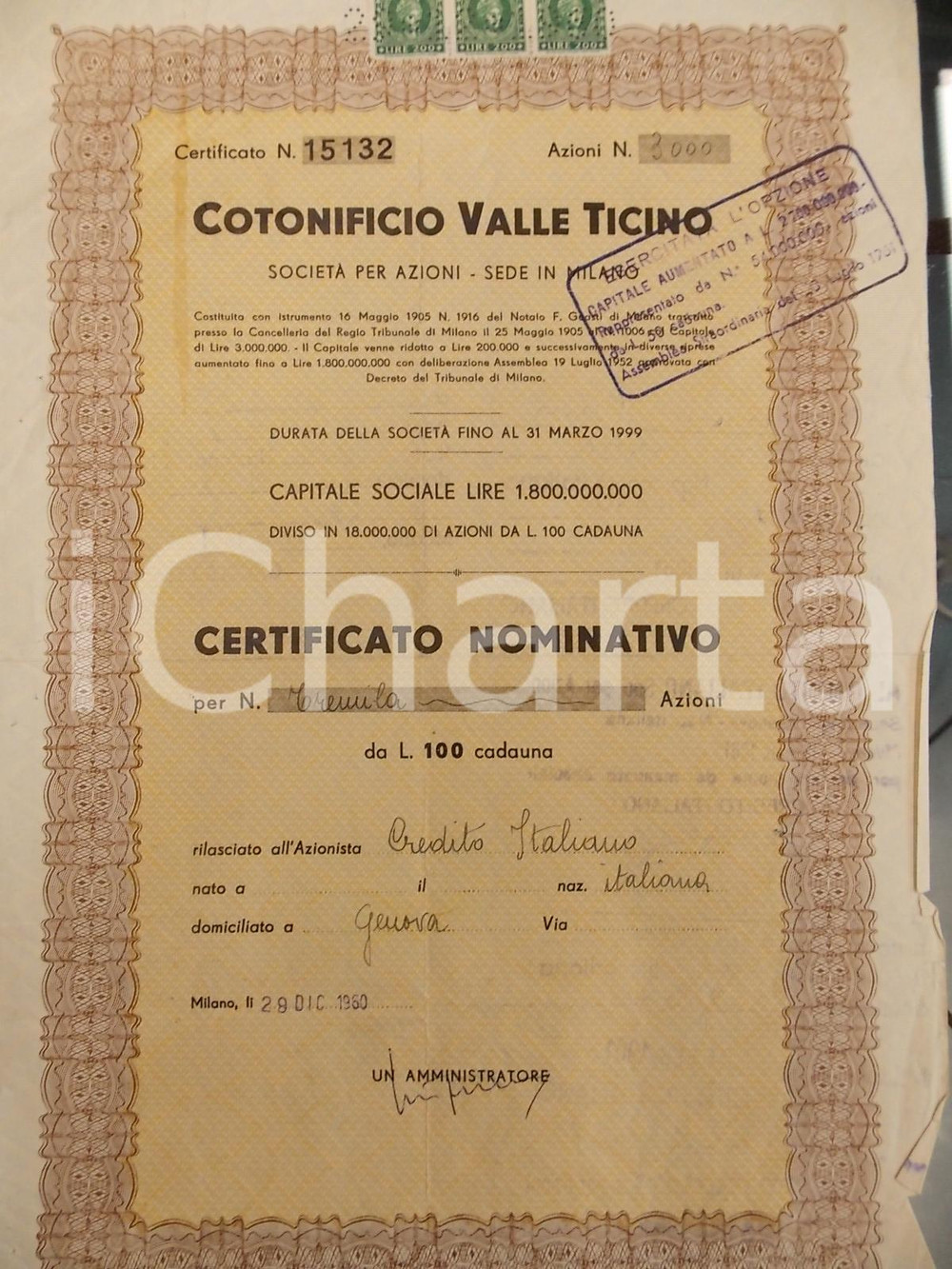 Oggetto da collezione cartaceo 1960 MILANO Cotonificio VALLE TICINO spa Certificato nominativo 3000 azioni 1