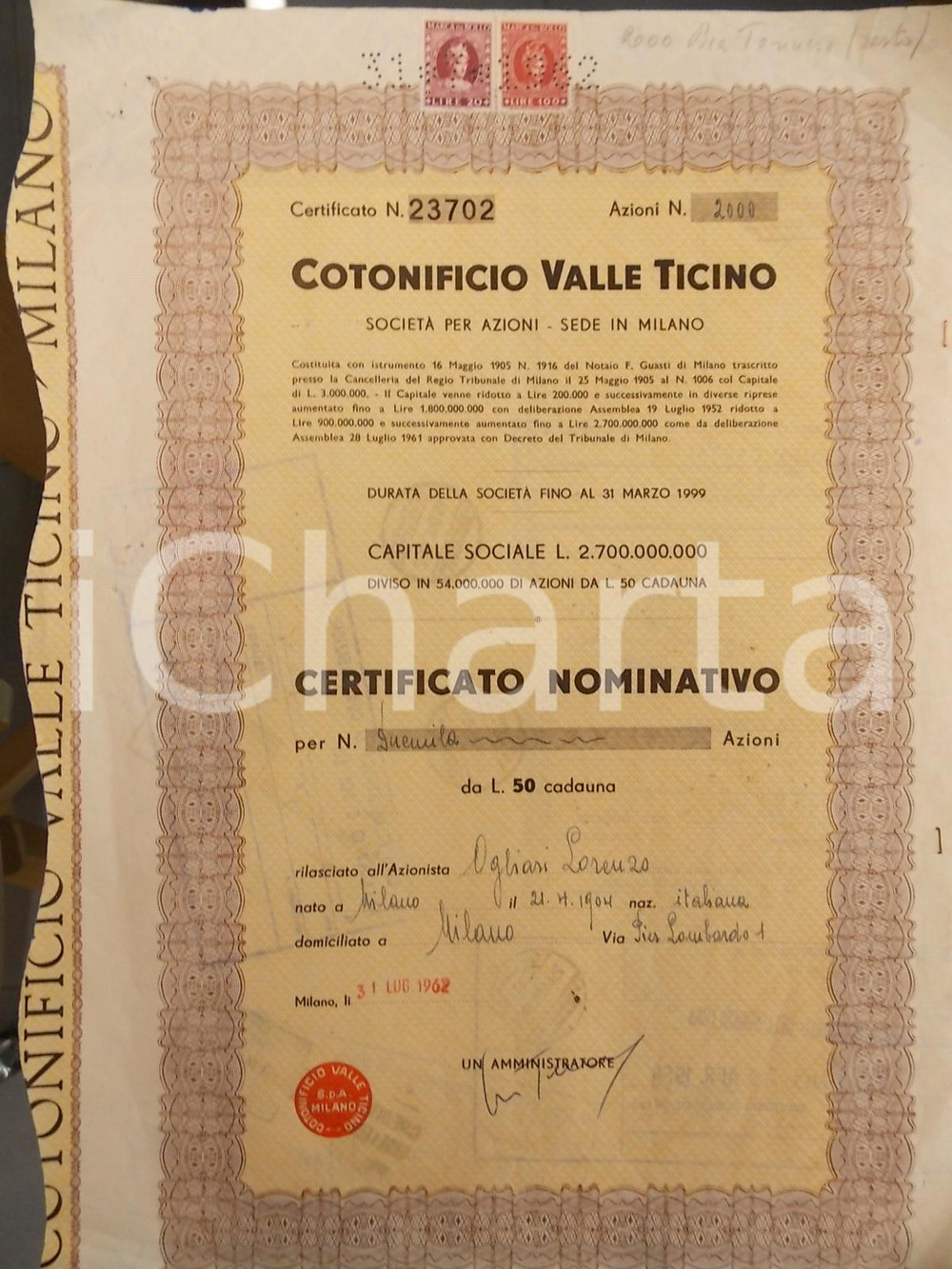Oggetto da collezione cartaceo 1962 MILANO Cotonificio VALLE TICINO spa Certificato nominativo 2000 azioni 1