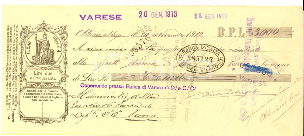 Oggetto da collezione cartaceo 1913 OLTRONA AL LAGO VA Cambiale BANCA DI VARESE 1