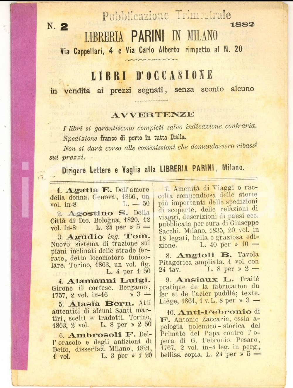 Libro, pubblicazione d epoca 1882 MILANO Catalogo libreria PARINI via Cappellari  Libri d occasione n° 2 1
