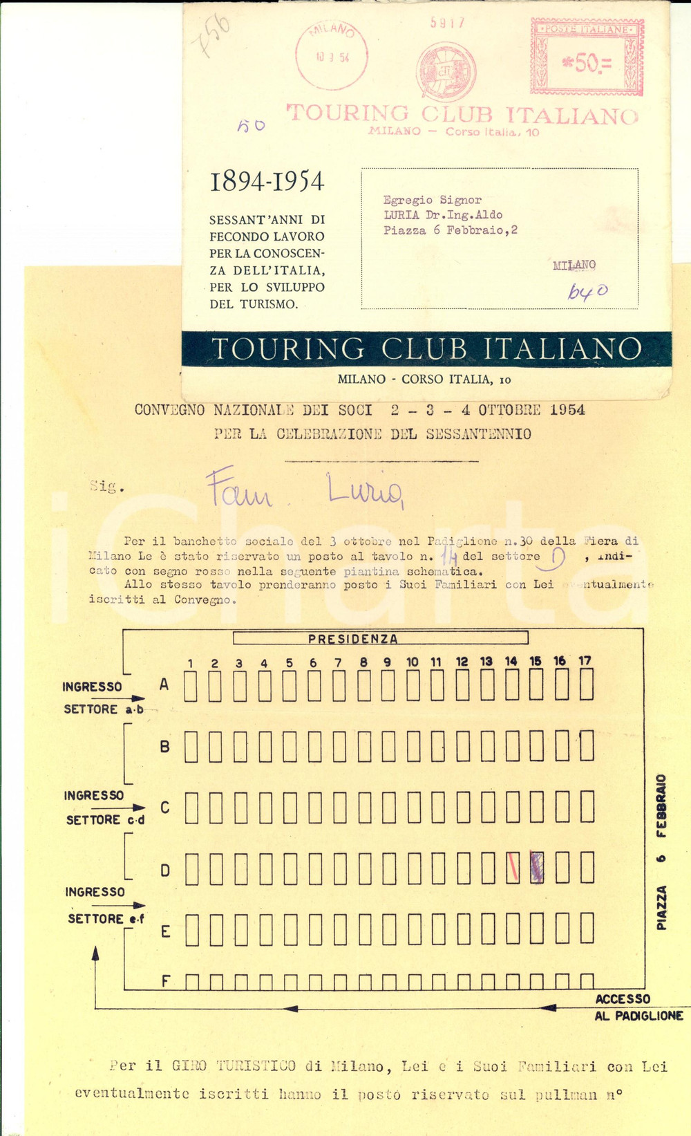 Manoscritto, lettera originale 1954 MILANO TOURING CLUB ITALIANO Tavoli al banchetto per il sessantennio 1