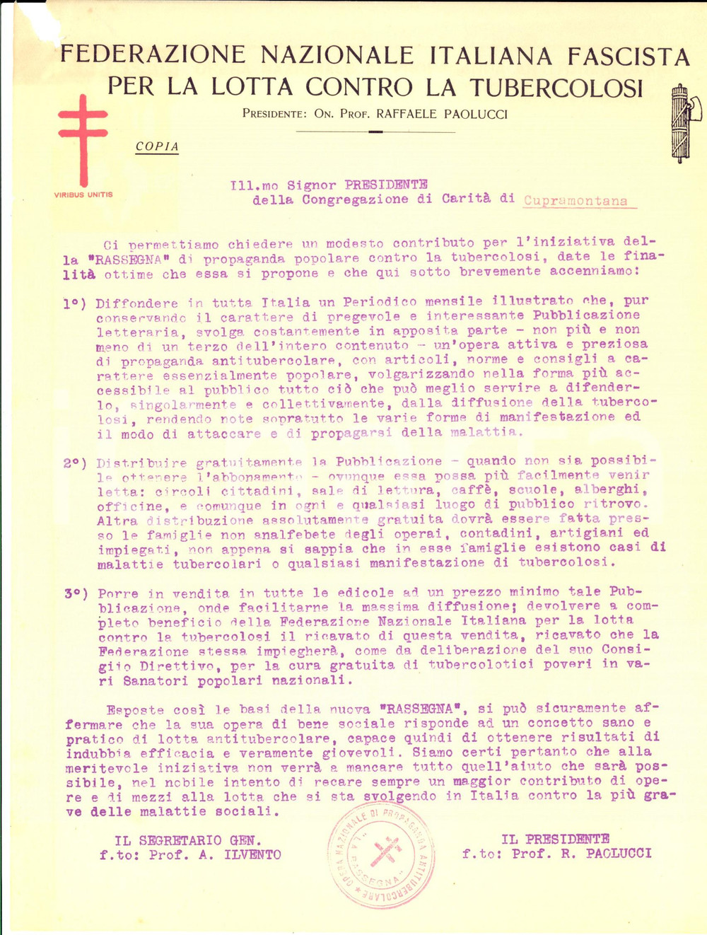 Manoscritto, lettera originale 1930 Federazione Fascista Lotta TUBERCOLOSI Lettera pro abbonamento RASSEGNA 1