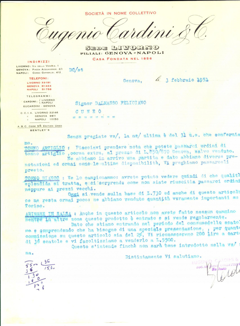 Documento originale, autentico 1951 GENOVA Ditta Eugenio CARDINI  Preventivo tonno artiglio e aringhe 1