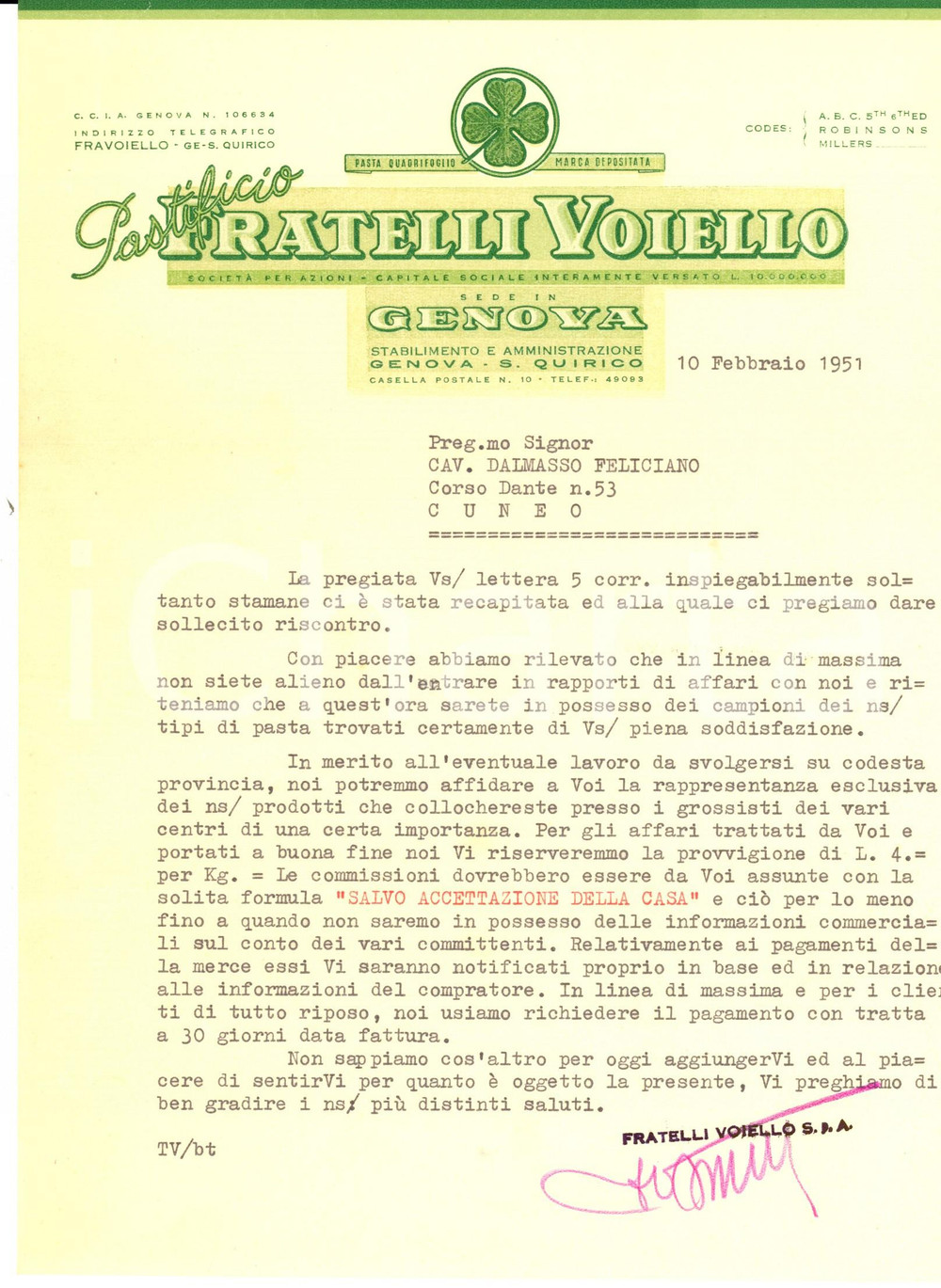 Materiale pubblicitario d’epoca 1951 GENOVA SAN QUIRICO Pastificio Fratelli VOIELLO *Lettera a un rappresentante 1