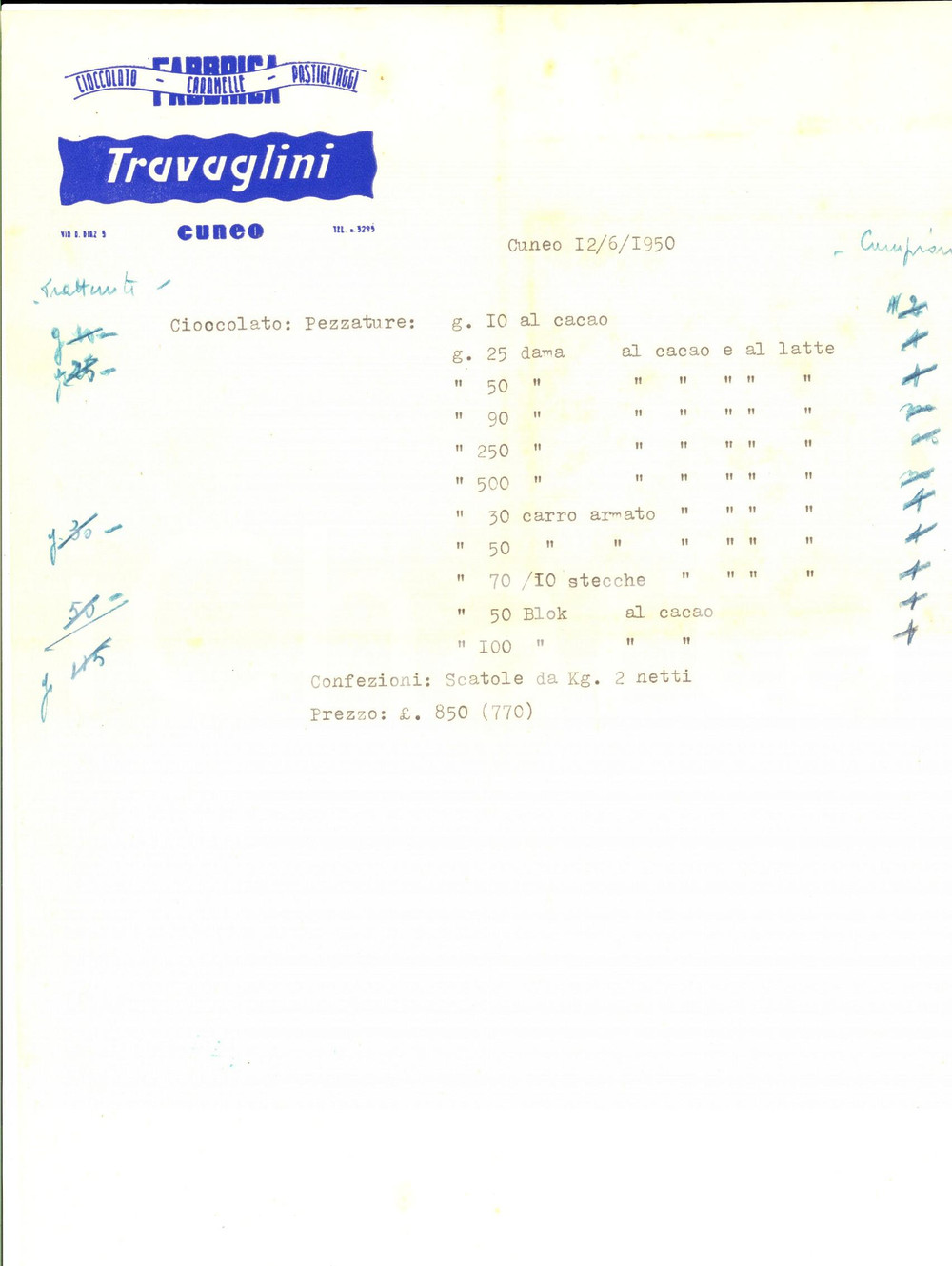 Manoscritto, lettera originale 1950 CUNEO Ditta TRAVAGLINI caramelle e pastigliaggi Preventivo cioccolato 1