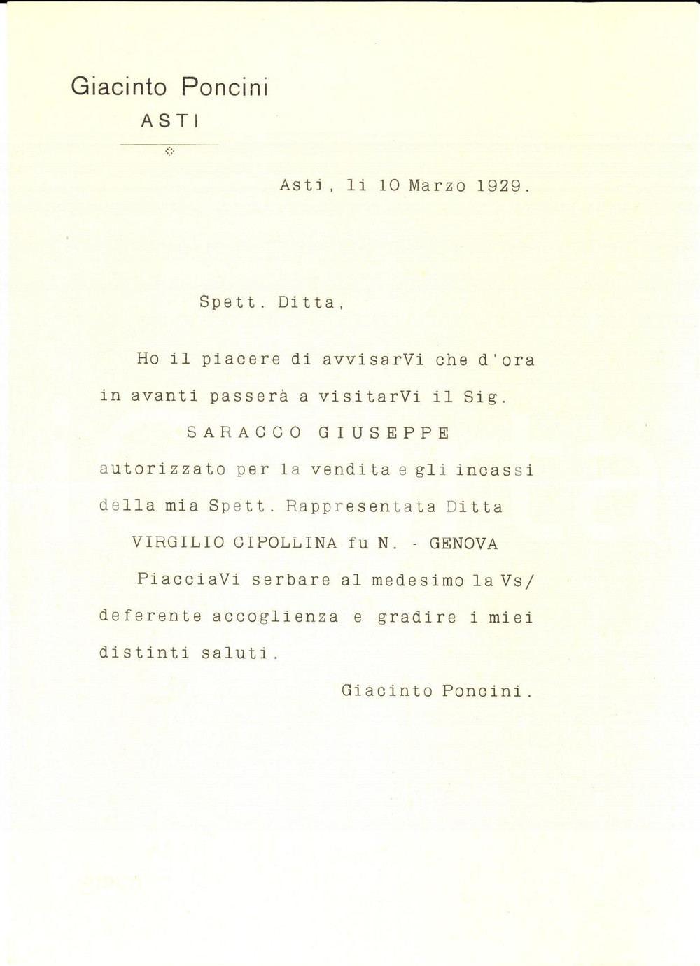 Manoscritto, lettera originale 1929 ASTI Ditta Giacinto PONCINI avvisa per rappresentante Giuseppe SARACCO 1