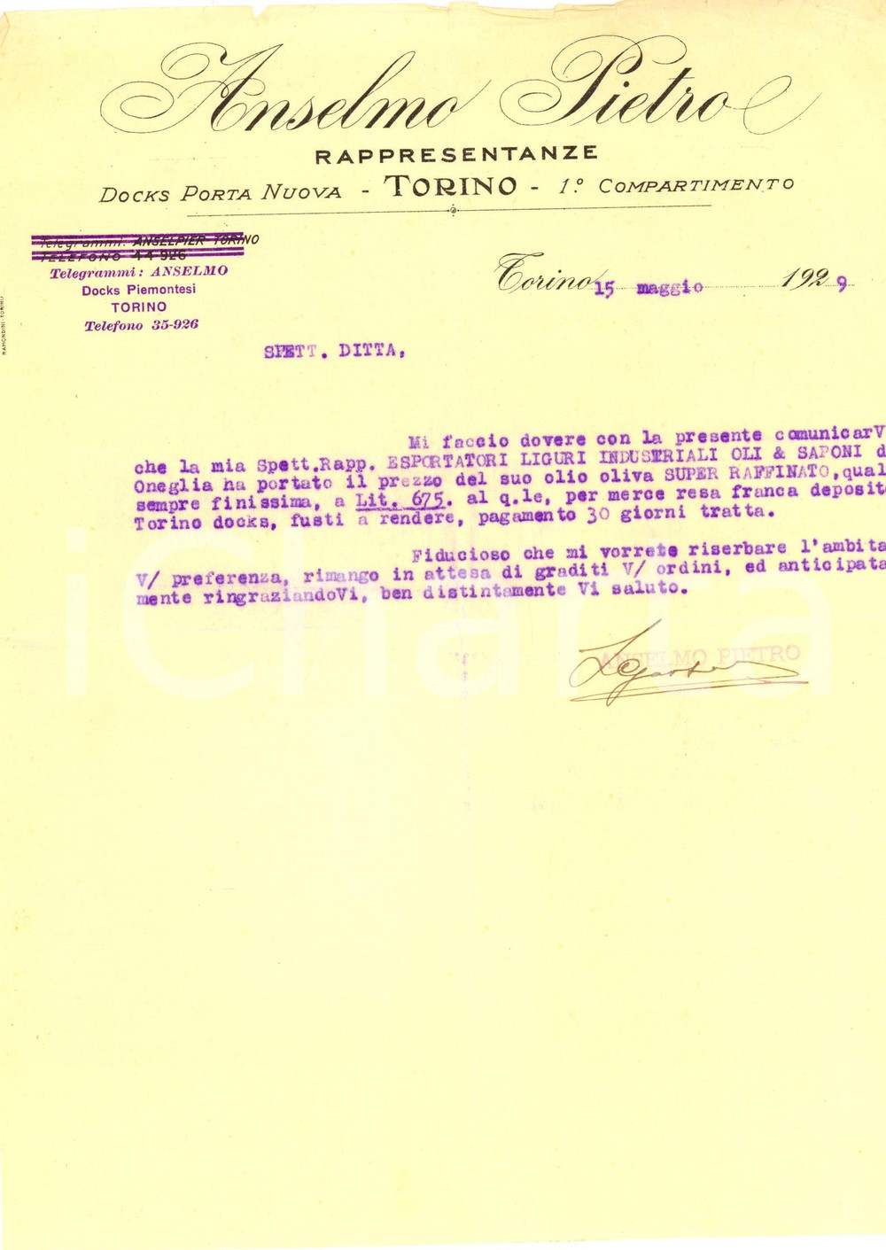 Materiale pubblicitario d’epoca 1929 TORINO Ditta Pietro ANSELMO Lettera per olio d'oliva super raffinato 1