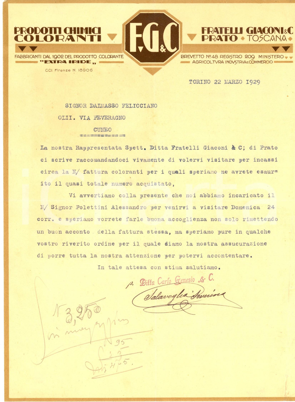 Documento originale, autentico 1929 PRATO Ditta Fratelli GIACONI & C. prodotti chimici *Lettera per arretrati 1