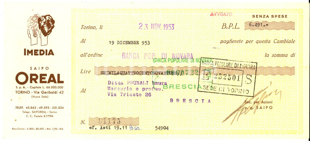 Oggetto da collezione cartaceo 1953 TORINO Ditta IMEDIA SAIPO OREAL  Assegno pubblicitario 1