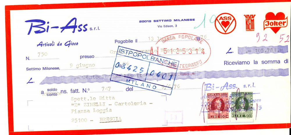 Oggetto da collezione cartaceo 1976 SETTIMO MILANESE Ditta BIASS articoli da gioco Assegno pubblicitario 1