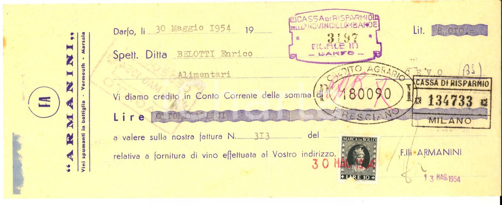 Oggetto da collezione cartaceo 1954 DARFO Ditta ARMANINI Vini spumanti in bottiglia  Assegno pubblicitario 1