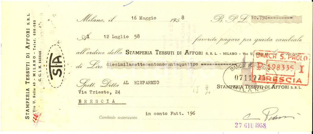 Oggetto da collezione cartaceo 1958 MILANO Stamperia Tessuti di AFFORI  Assegno pubblicitario 1