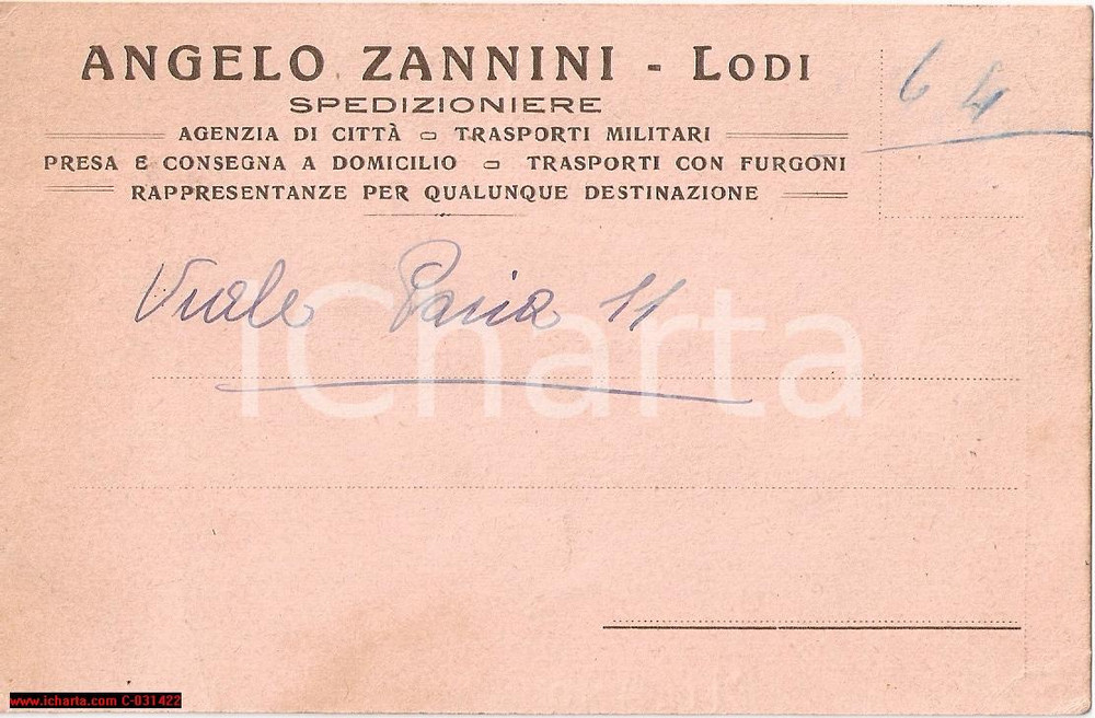 Cartolina originale da collezione 1920 LODI Angelo ZANNINI Spedizioniere e trasporti militari Cartolina 1