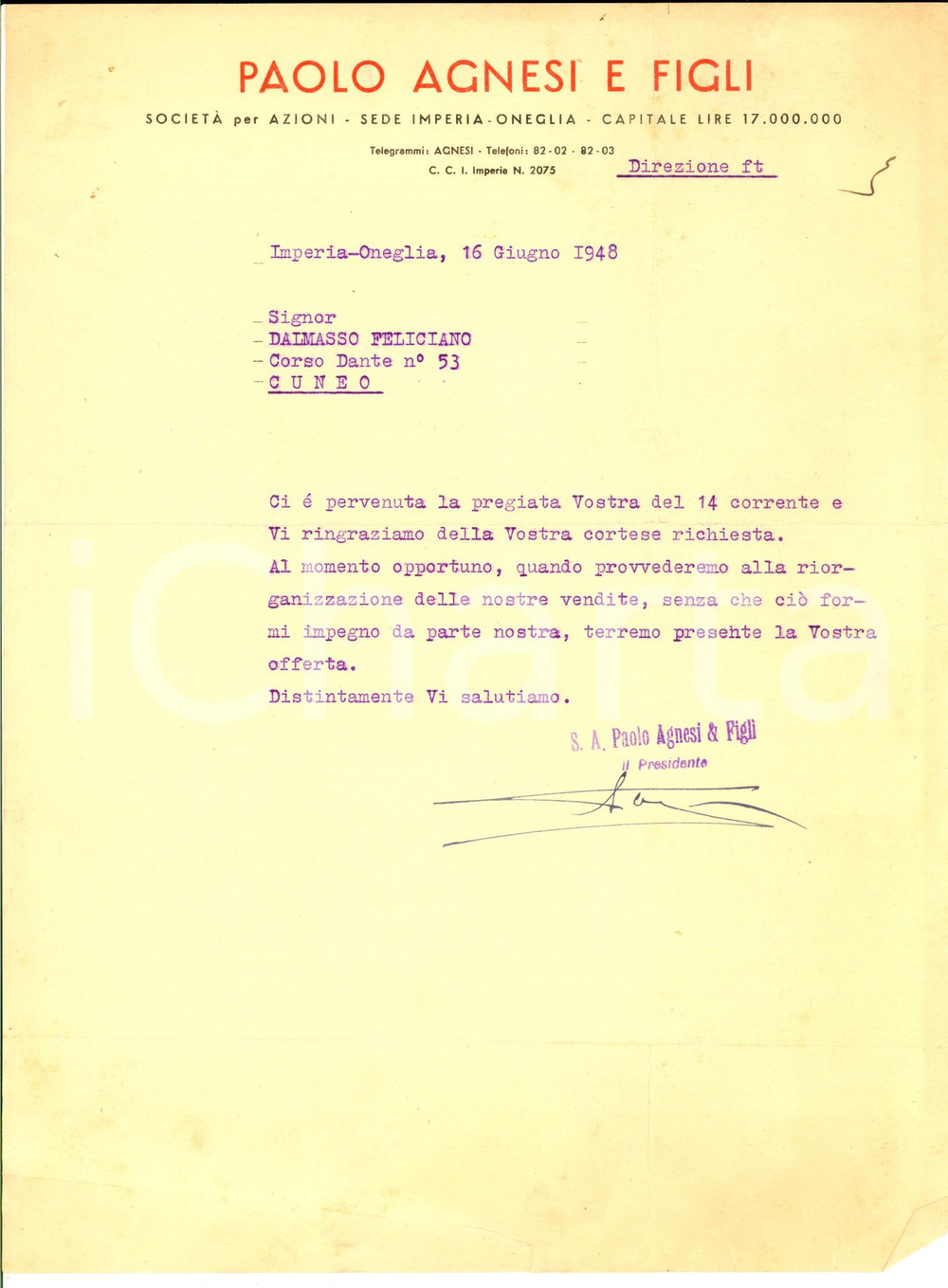 Documento originale, autentico 1948 IMPERIA ONEGLIA Ditta Paolo AGNESI & Figli Autografo Vincenzo Agnesi 1