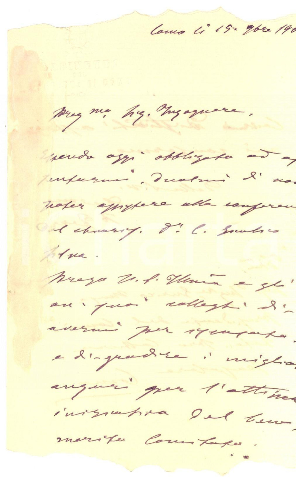 Documento originale, autentico 1903 COMO Prefetto Pietro FERRI assente a una conferenza *Lettera DANNEGGIATA 1