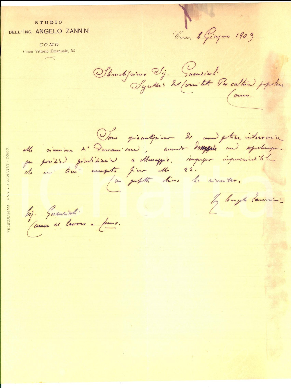 Manoscritto, lettera originale 1903 COMO Ing. Angelo ZANNINI annuncia assenza a una riunione *Autografo 1