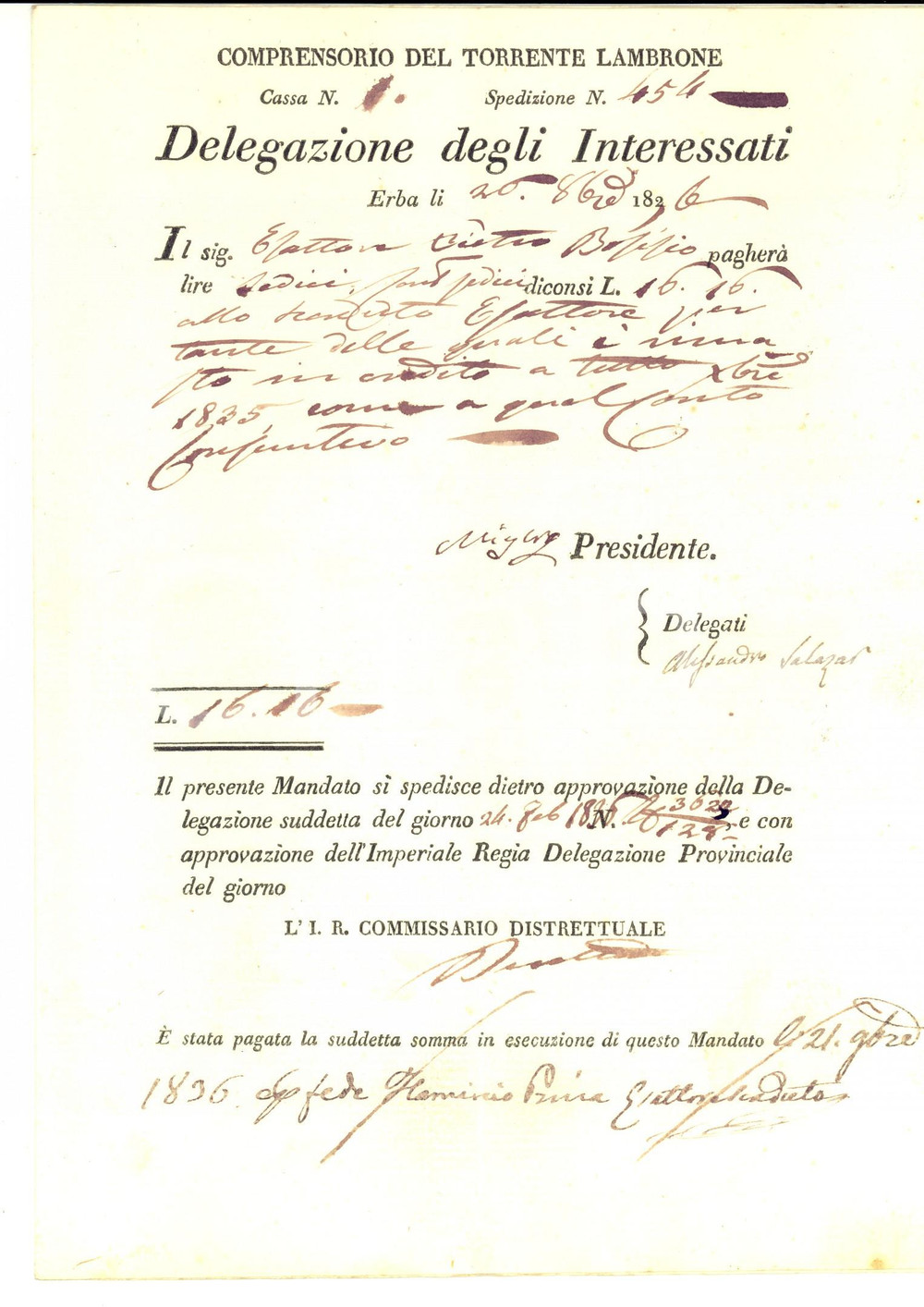 Documento originale, autentico 1836 ERBA CO Pietro BOSISIO paga per manutenzione argini torrente LAMBRONE 1