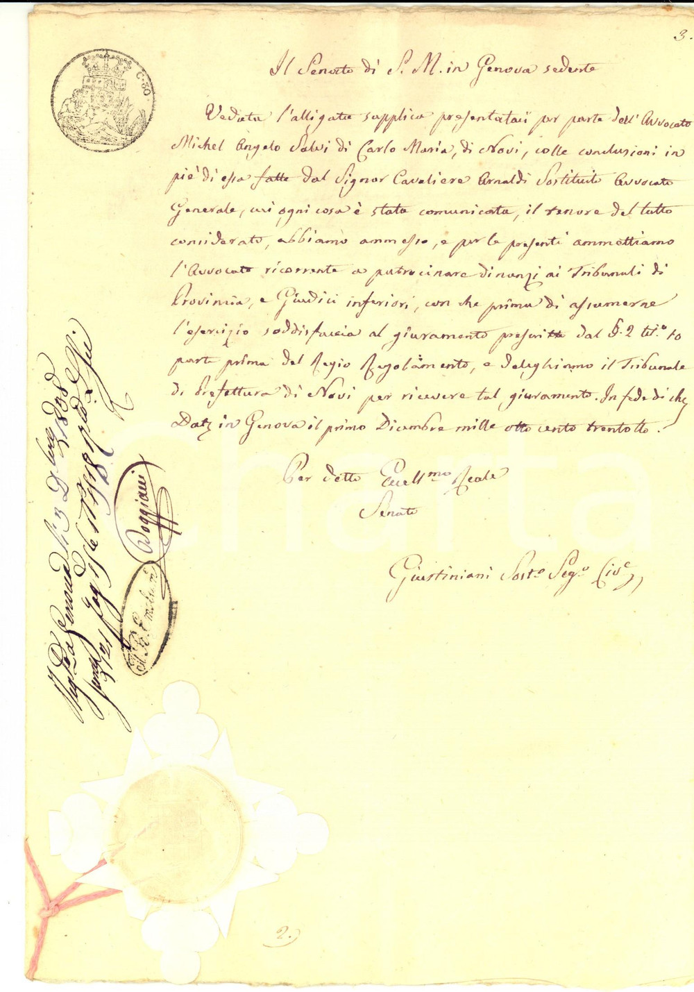 Documento originale, autentico 1838 NOVI LIGURE Avvocato Michelangelo SALVI ammesso al patrocinio in provincia 1