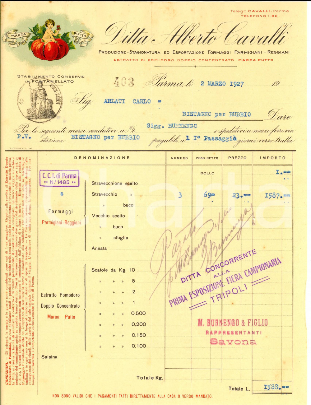 Documento originale, autentico 1927 PARMA Ditta Alberto CAVALLI Formaggi parmigiani reggiani *Fattura 1