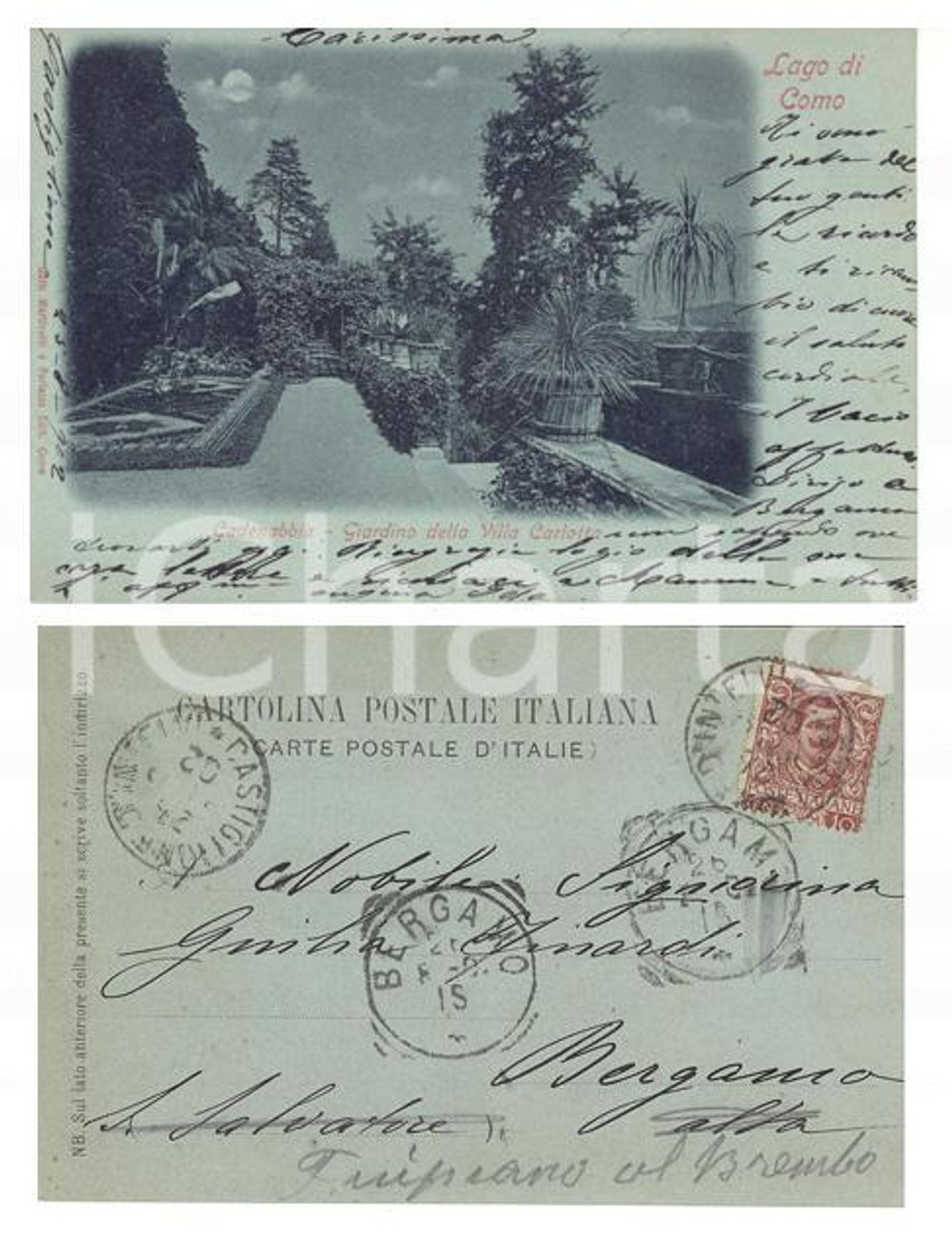 Cartolina originale da collezione 1902 CADENABBIA (CO) Giardino VILLA CARLOTTA *Cartolina a Giulia FINARDI FP VG 1