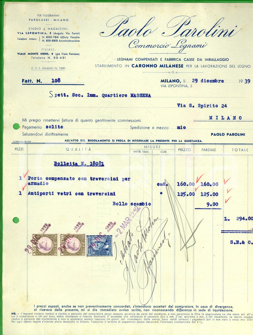 Documento originale, autentico 1939 MILANO Paolo PAROLINI commercio legnami compensati *Fattura intestata 1