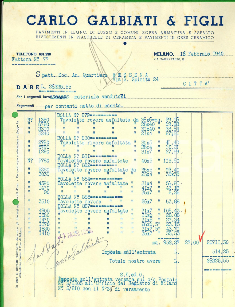 Documento originale, autentico 1940 MILANO Ditta Carlo GALBIATI & Figli *Fattura intestata per tavolette rovere 1