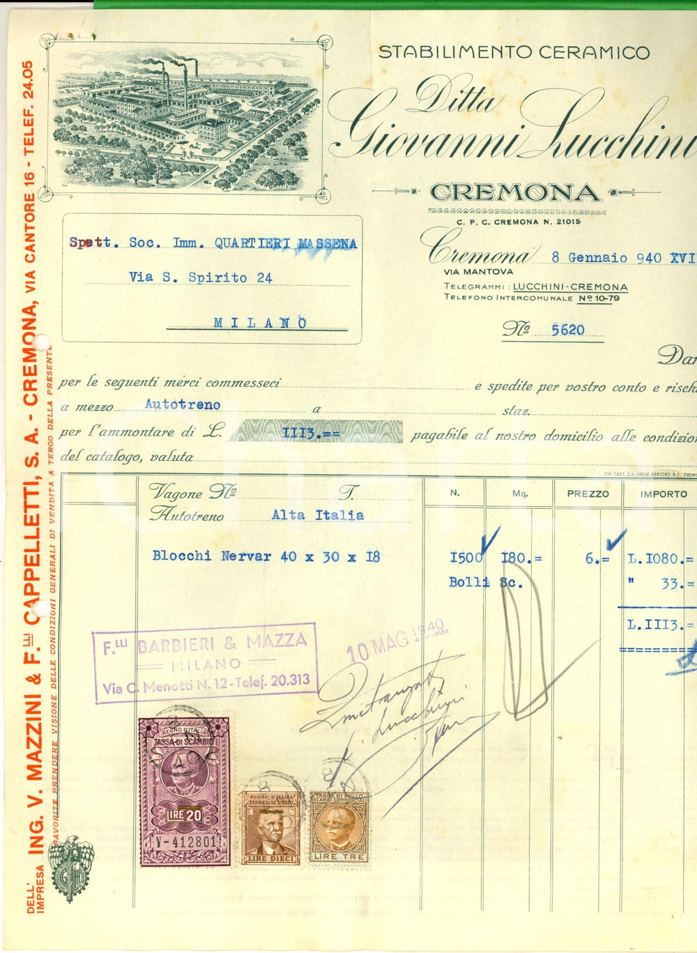 Documento originale, autentico 1940 CREMONA Stabilimento ceramico Giovbanni LUCCHINI *Fattura intestata 1