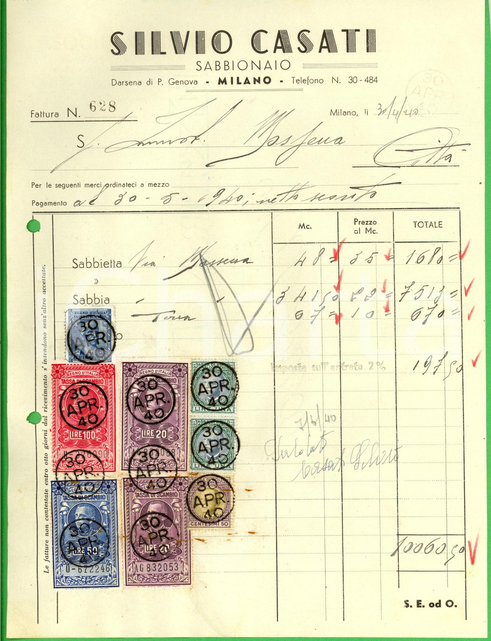Documento originale, autentico 1940 MILANO Silvio CASATI sabbionaio *Fattura intestata con bolli 1