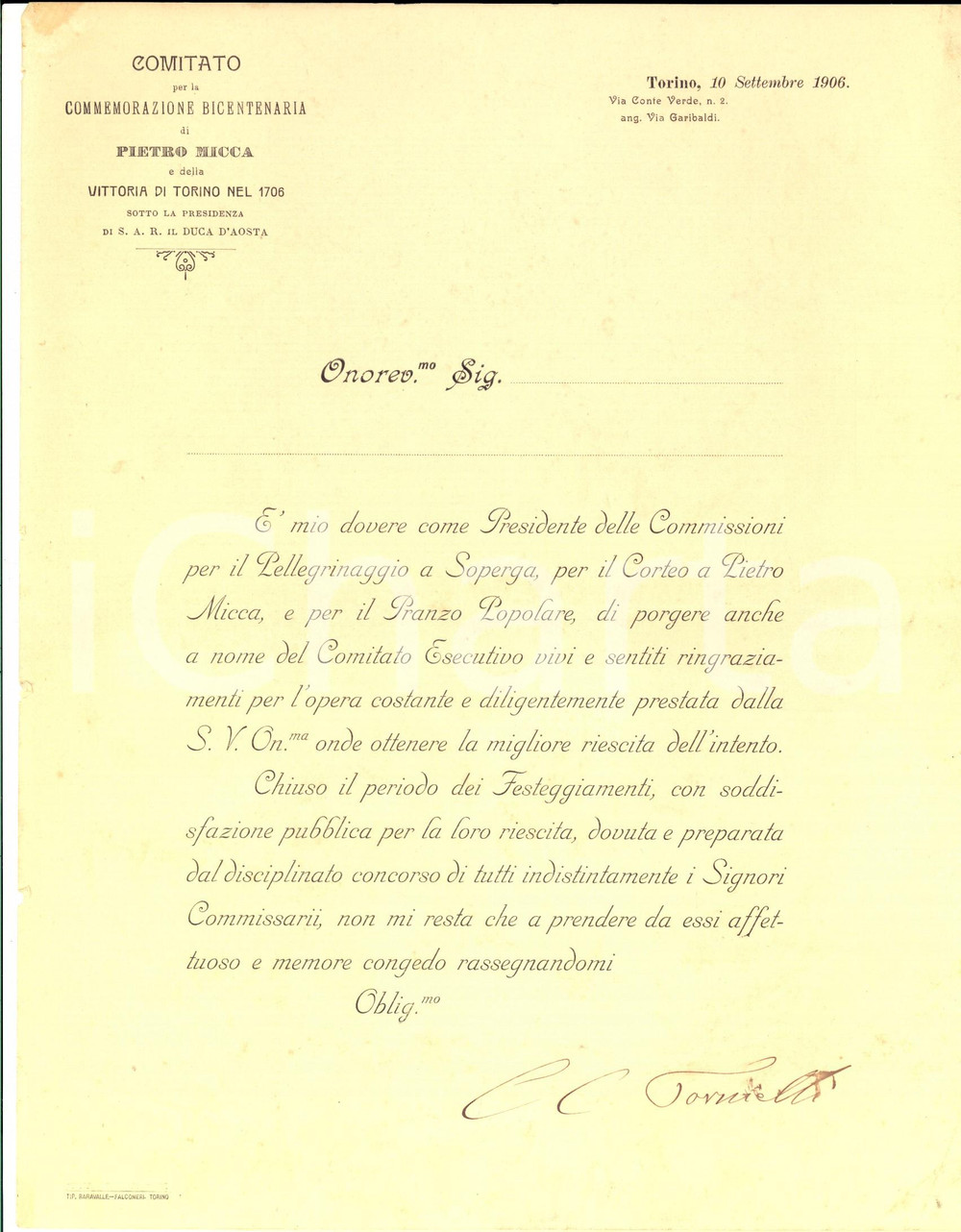 Manoscritto, lettera originale 1906 TORINO Ringraziamenti comitato pellegrinaggio a SUPERGA per PIETRO MICCA 1