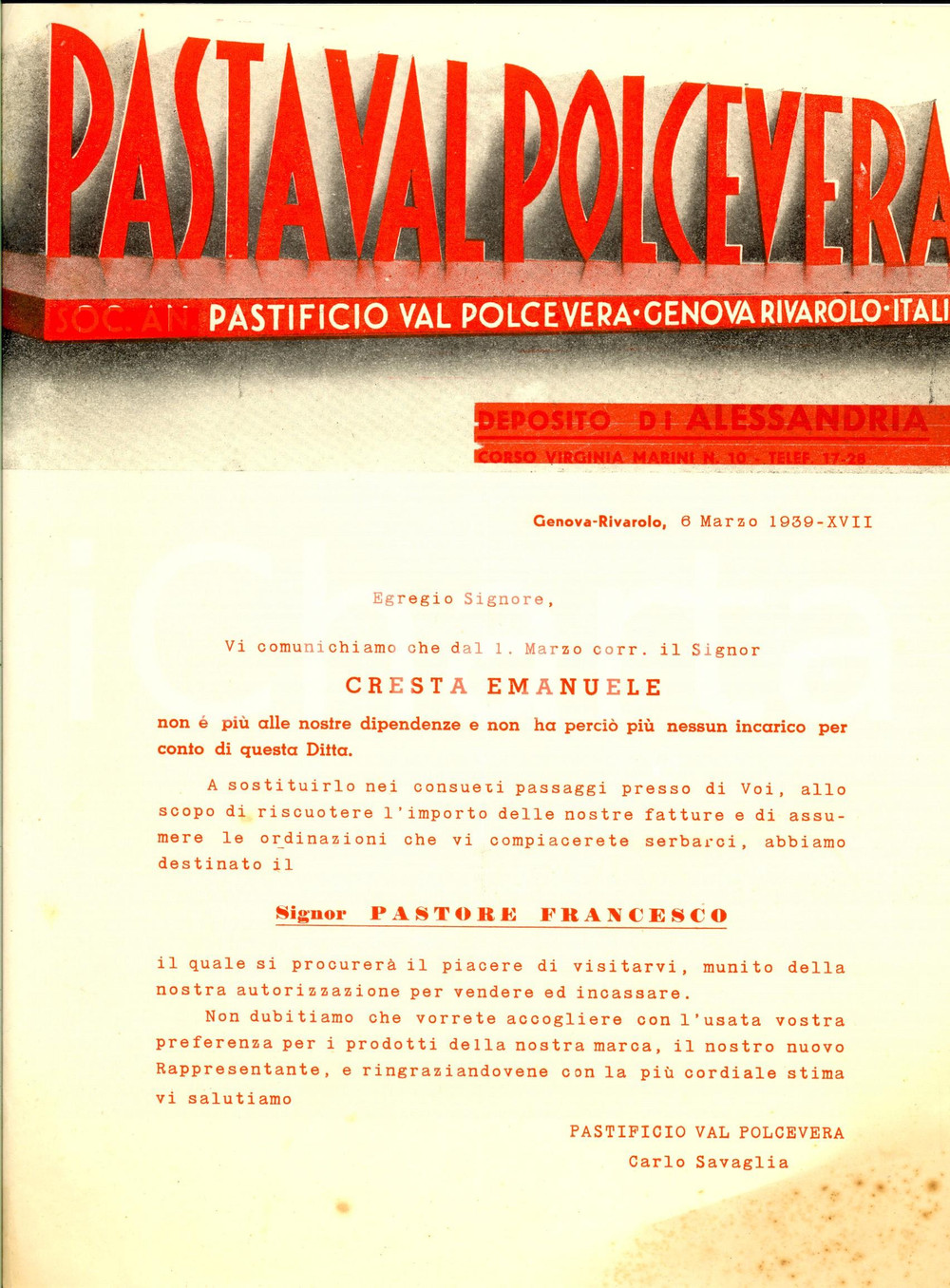 Documento originale, autentico 1939 GENOVA Pastificio VAL POLCEVERA  Francesco PASTORE nuovo rappresentante 1