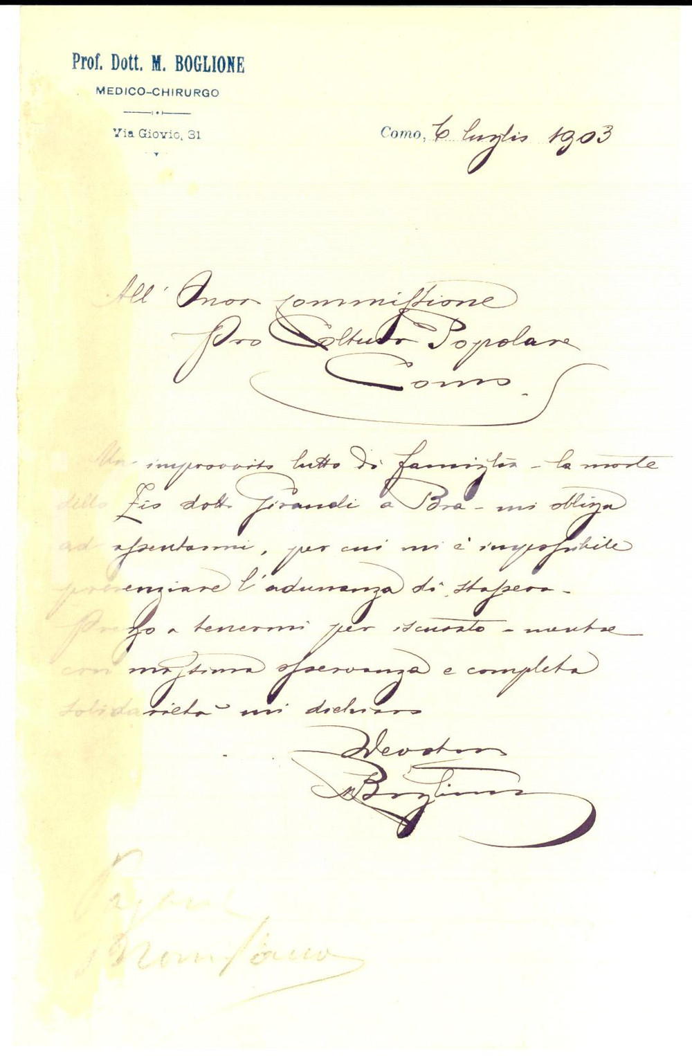 Manoscritto, lettera originale 1903 COMO Dottor Michelangelo BOGLIONE comunica un lutto in famiglia *Lettera 1