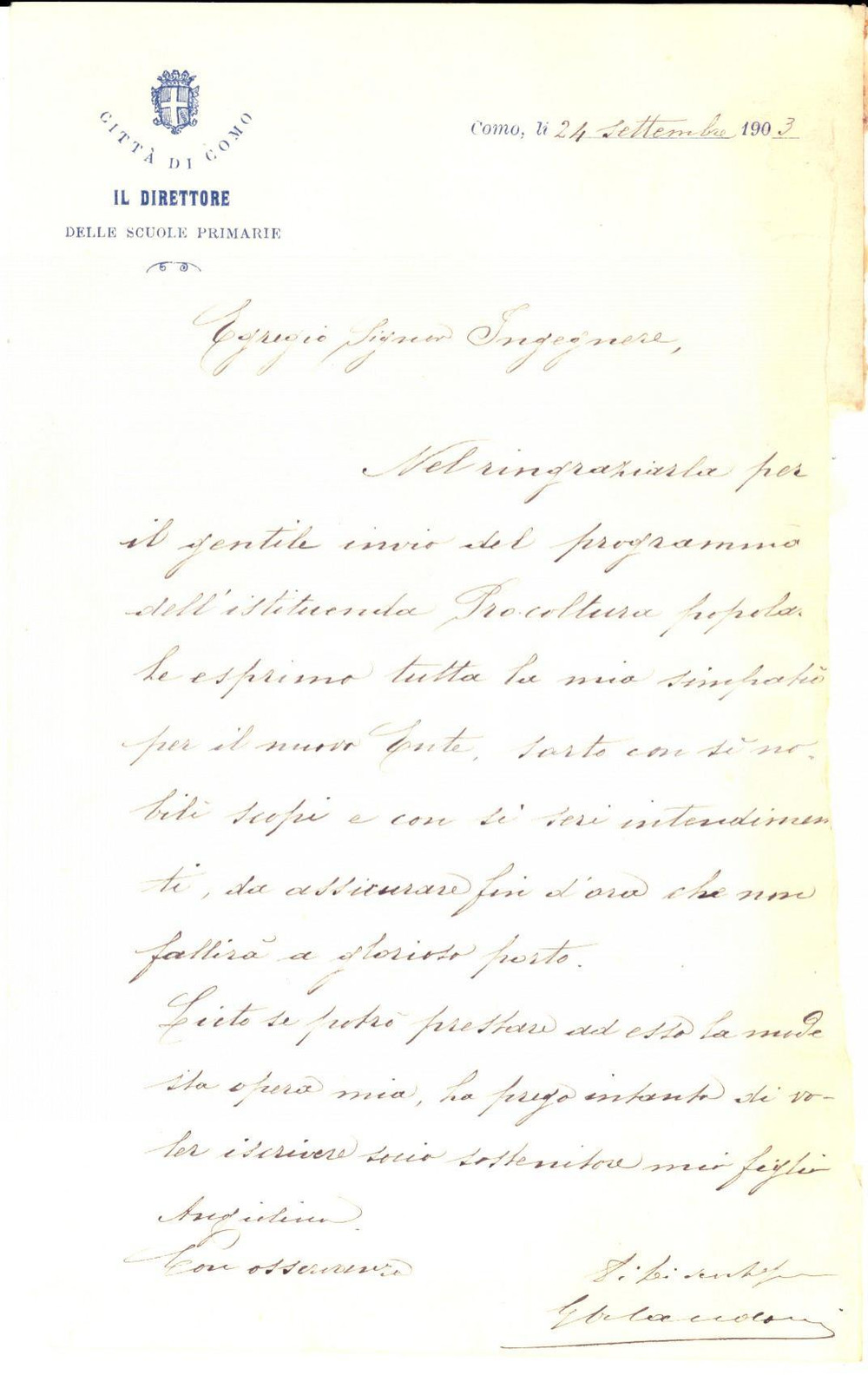 Manoscritto, lettera originale 1903 COMO Lettera direttore delle scuole primarie alla PRO COLTURA DANNEGGIATA 1