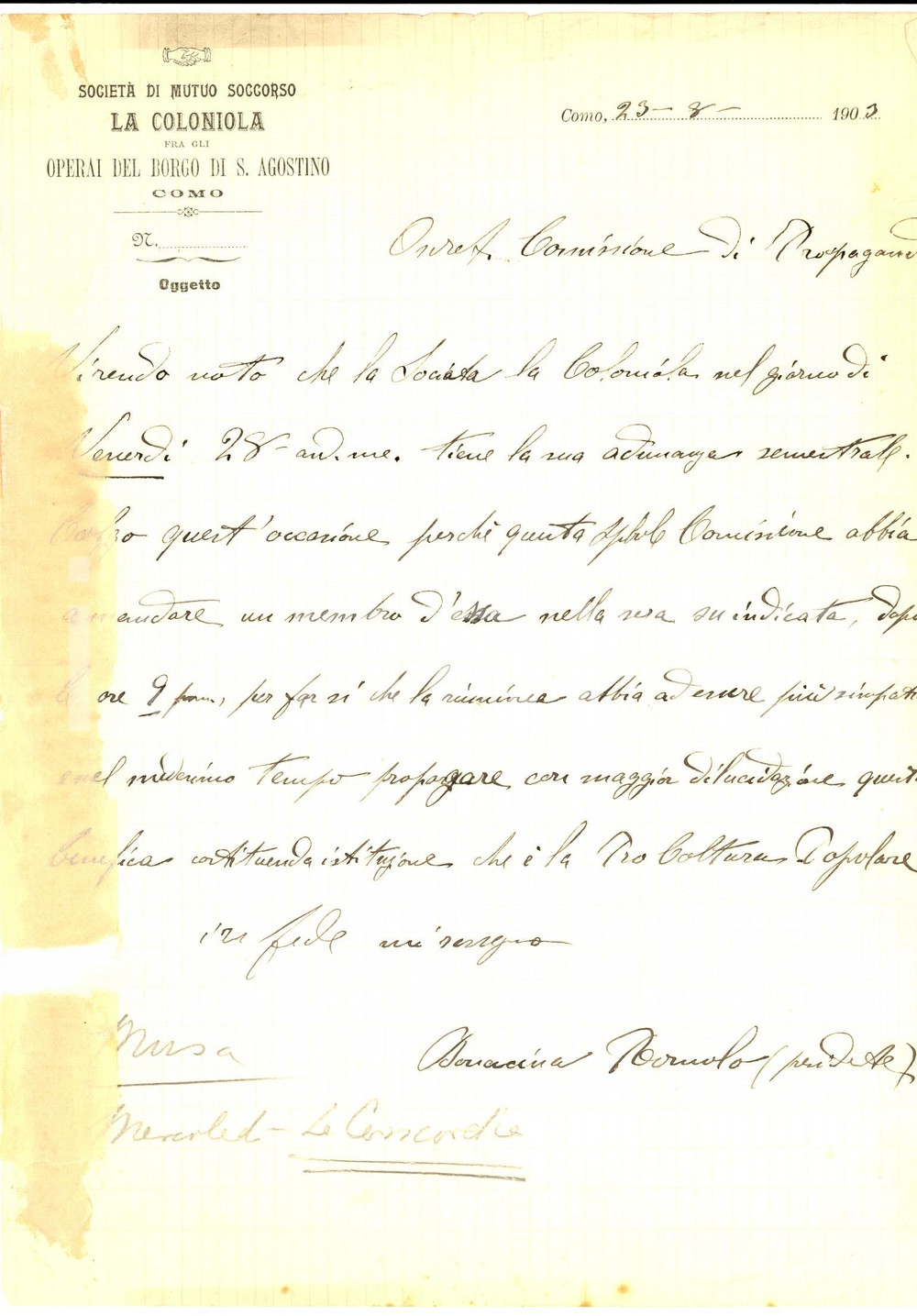 Manoscritto, lettera originale 1903 COMO Lettera SocietÃ  Mutuo Soccorso LA COLONIOLA Operai BORGO S. AGOSTINO 1