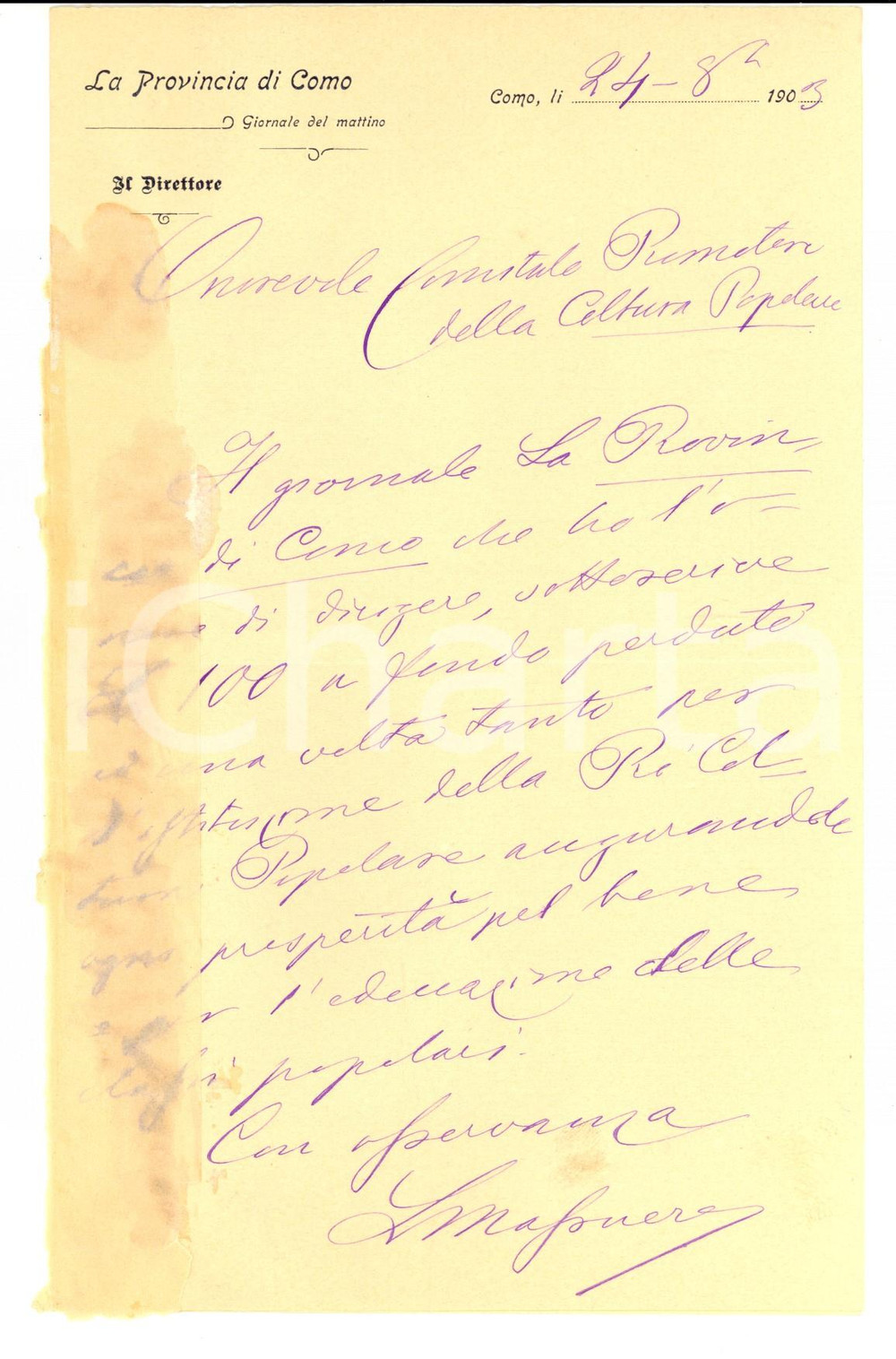 Manoscritto, lettera originale 1903 LA PROVINCIA DI COMO Direttore Luigi MASSUERO annuncia sottoscrizione 1